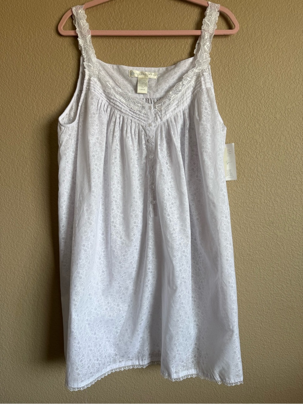 Eileen West NWT White Lace-Trim Cotton Chemise Floral Pattern Dress Nightgown L